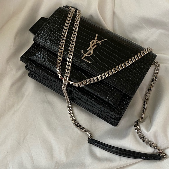 Saint Laurent Handbags - Yves Saint Laurent Black Croc-Embossed Shoulder Bag